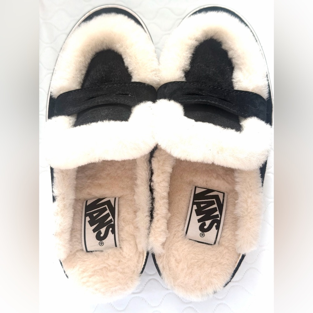 Vans mule DX Black and Cream Fuzzy Slip-Ons